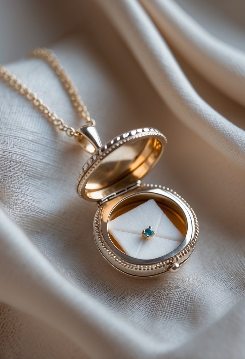 A close-up of an open pendant revealing a hidden compartment holding tiny keepsakes, resting on soft fabric.