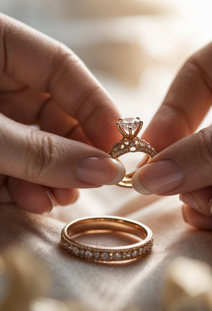 Hands holding an old wedding ring next to a handcrafted pendant, symbolizing a sentimental transformation of the ring into wearable jewelry.