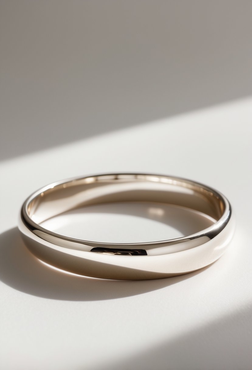 A slim bangle bracelet made from polished wedding ring metal displayed on a plain surface.