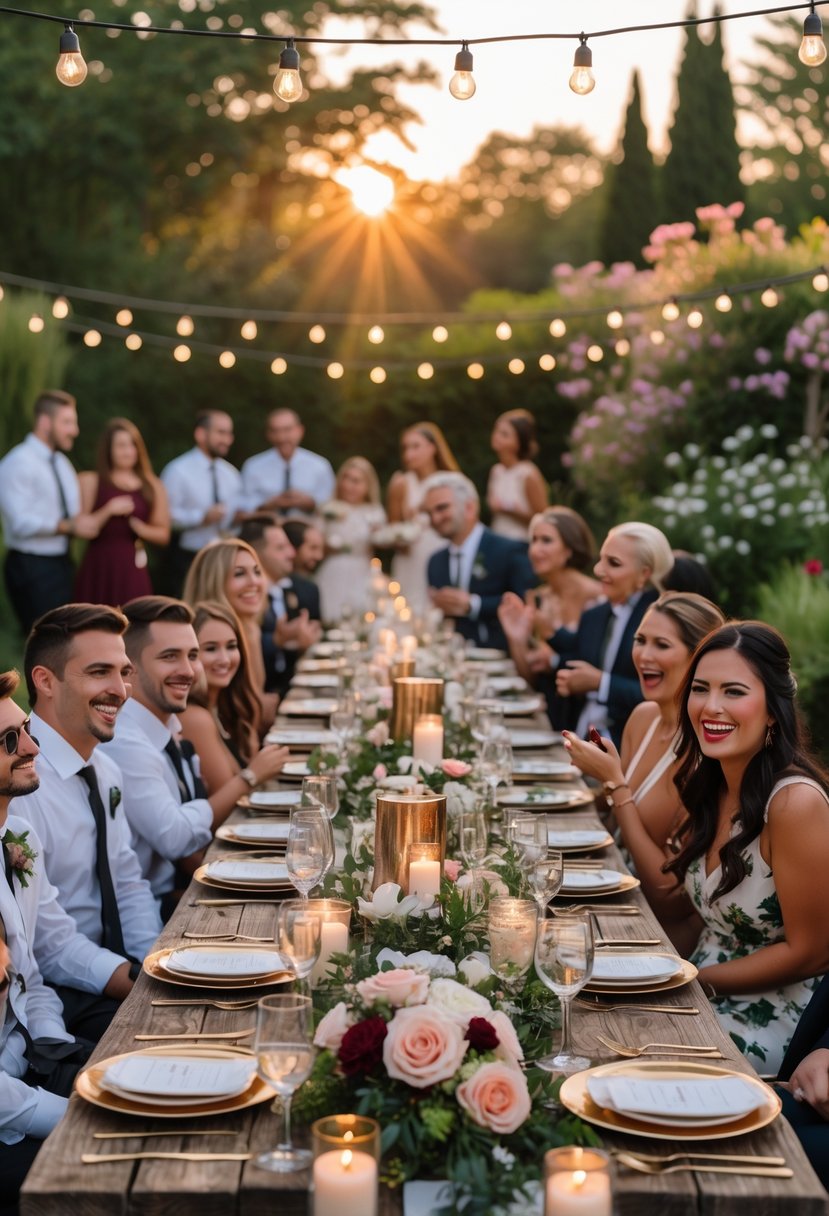 Guests enjoying an outdoor wedding rehearsal dinner at a long decorated table with flowers and candles during sunset.