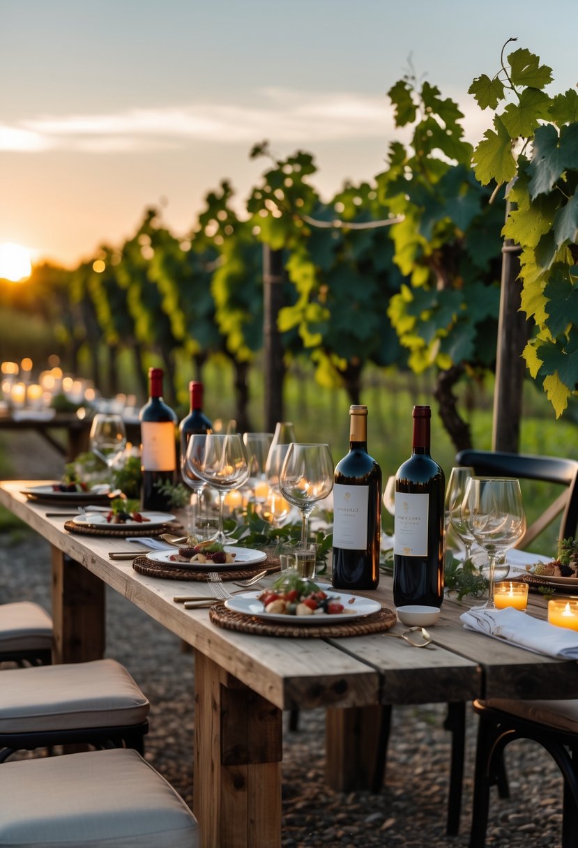 A cozy outdoor vineyard venue with a wooden table set for an intimate wine tasting dinner surrounded by grapevines at sunset.