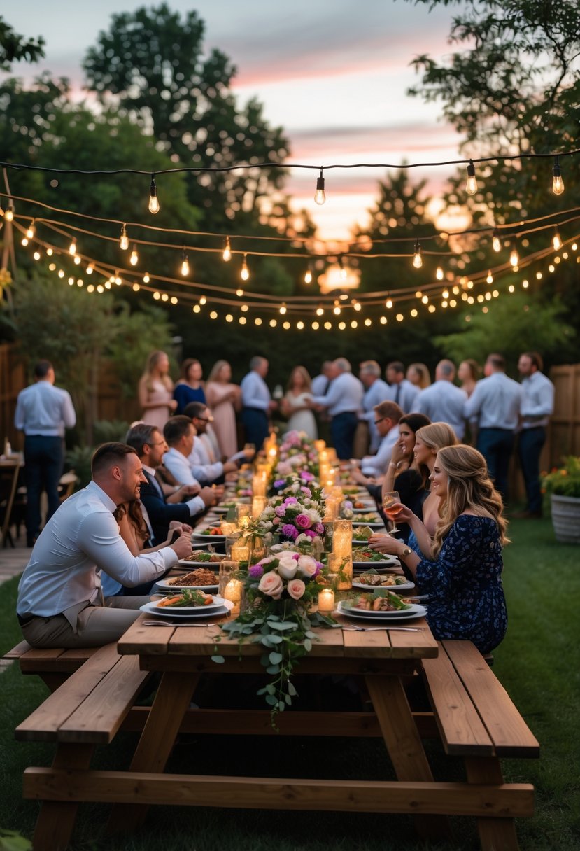 People enjoying a backyard BBQ dinner under string lights with a decorated table and garden surroundings at sunset.