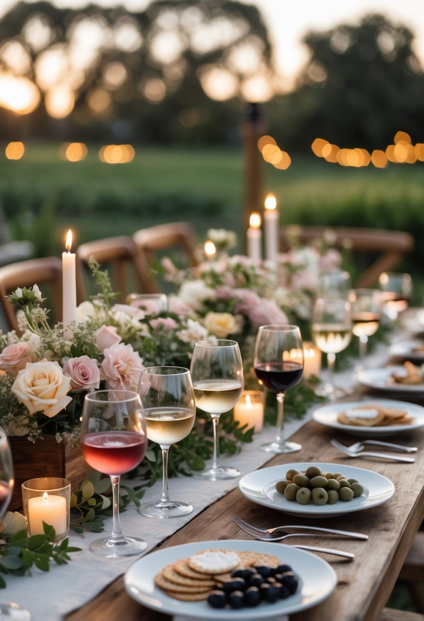 A wooden table set outdoors with wine glasses, candles, flowers, and appetizers for a wedding rehearsal dinner wine tasting.