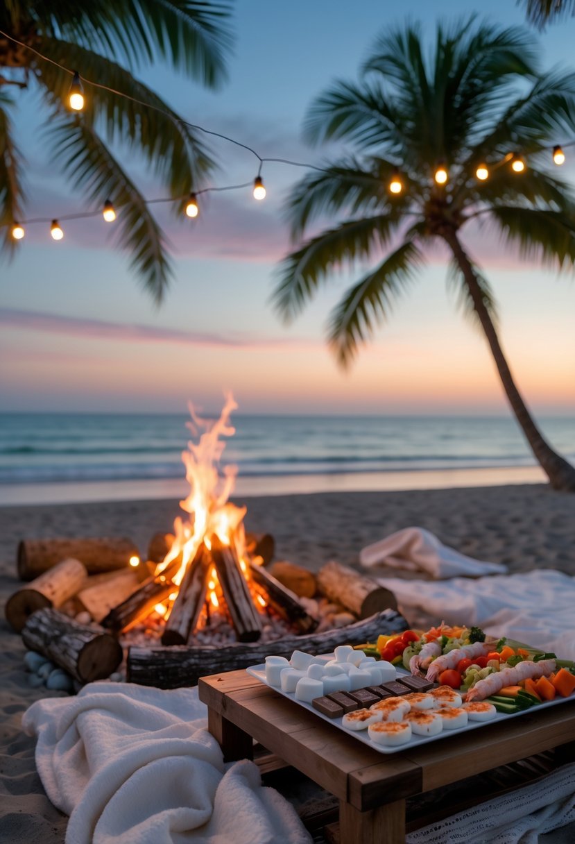 A beach bonfire at dusk with s'mores ingredients and seafood skewers on a wooden table near the shore.