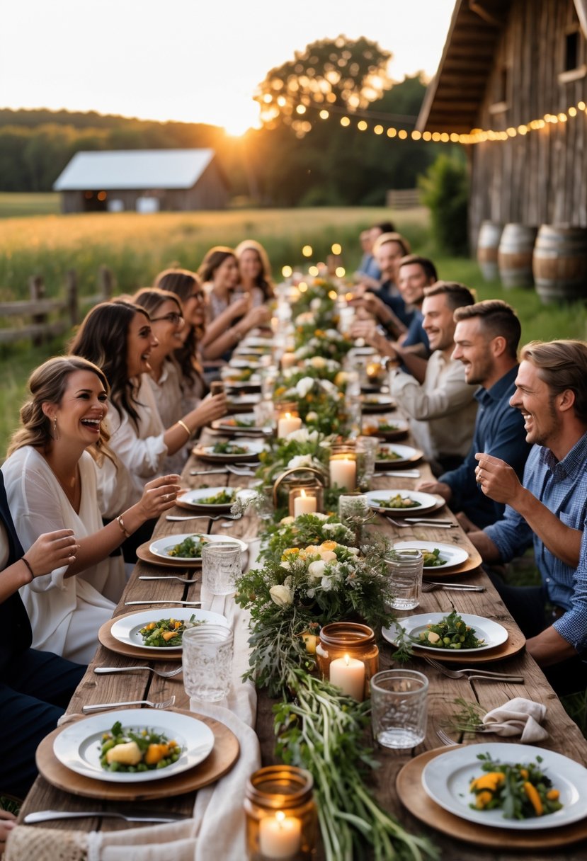 Guests enjoying a rustic outdoor dinner around a long wooden table decorated with flowers and candles near a barn.