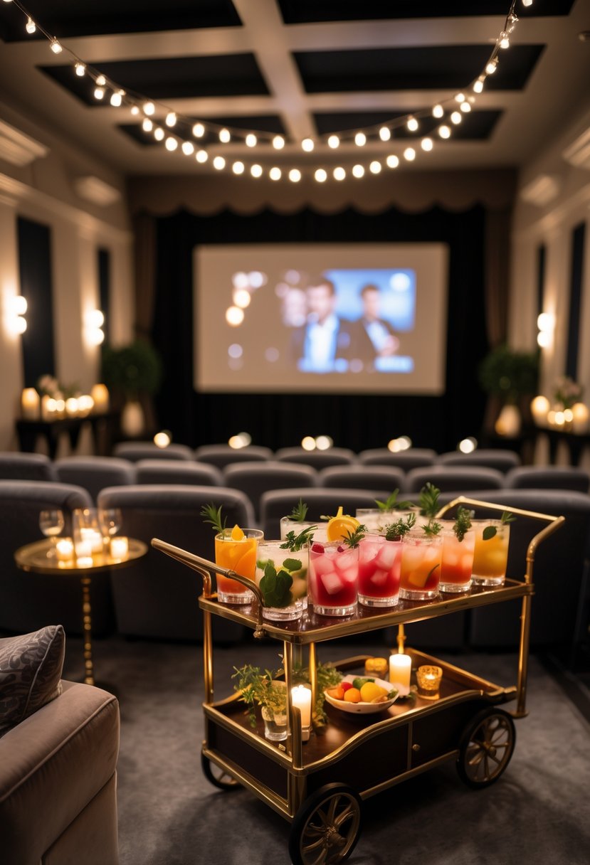 An intimate private movie screening room with plush seating, a bar cart with colorful cocktails, warm lighting, and elegant decorations for a wedding rehearsal dinner.