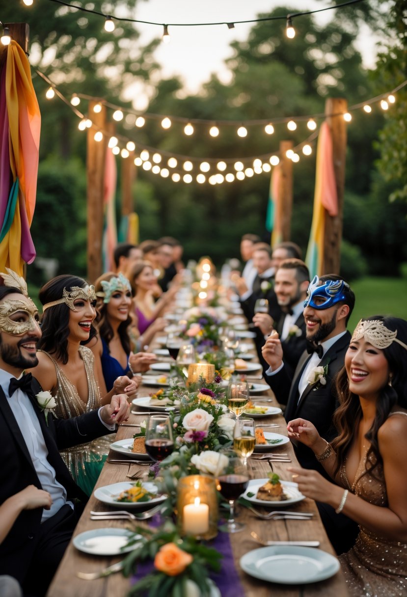 Guests in themed costumes enjoying a decorated outdoor wedding rehearsal dinner at a long table with festive lighting.