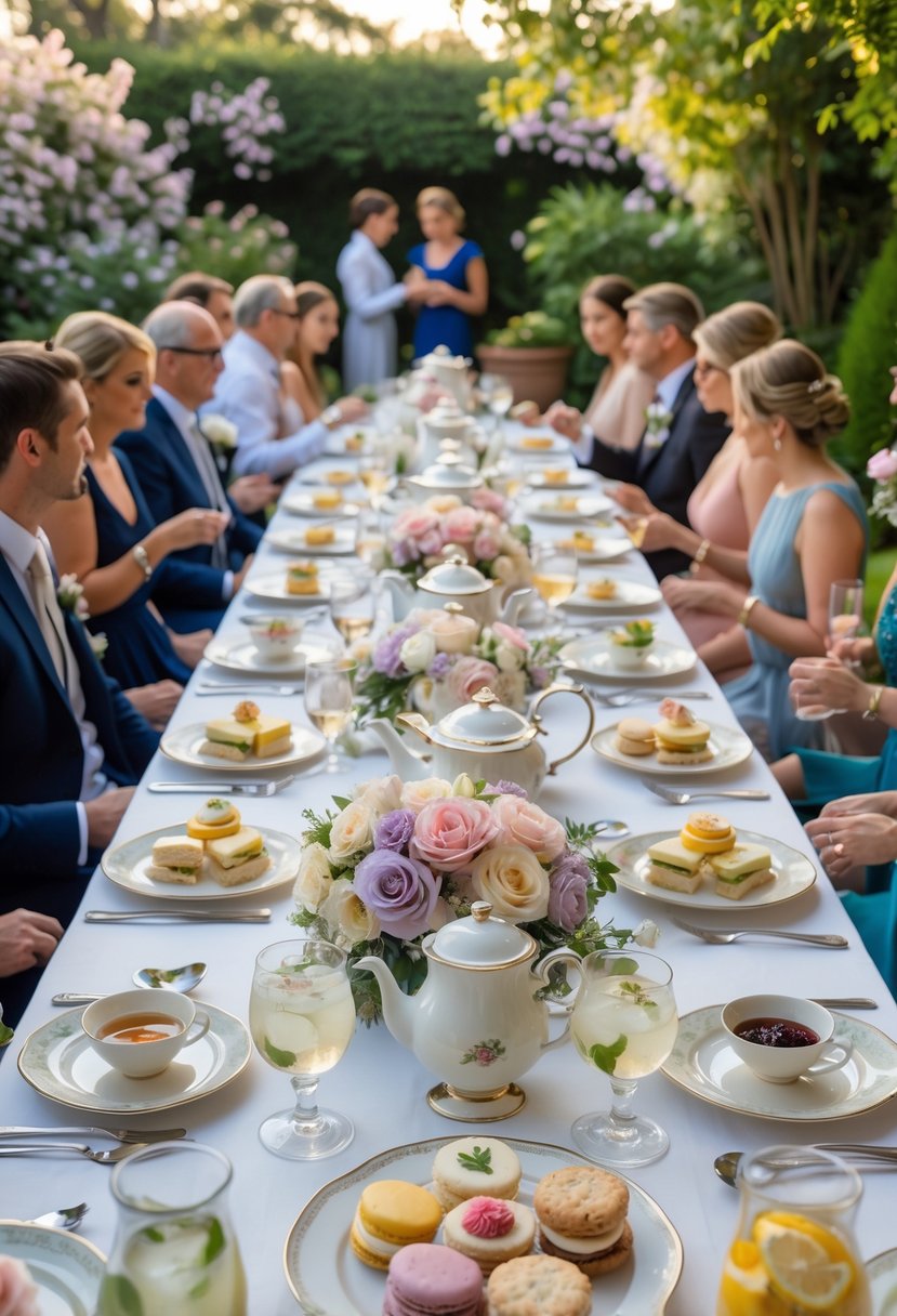 An outdoor garden tea party with a table set with finger sandwiches, pastries, teacups, and floral centerpieces surrounded by greenery and guests enjoying the event.