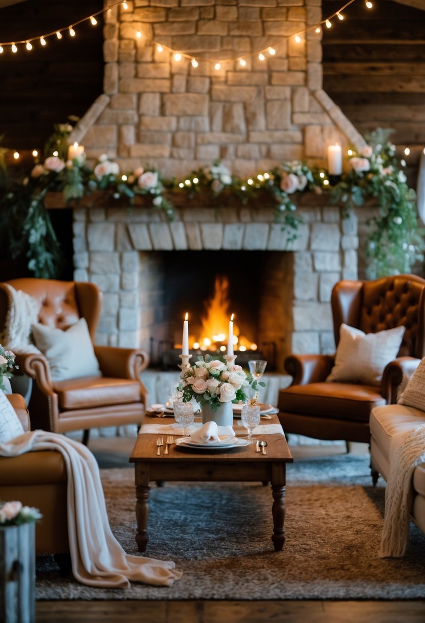 A cozy living room with a stone fireplace, comfortable seating, a wooden table set for dinner, and soft lighting creating a warm atmosphere for a wedding rehearsal dinner.