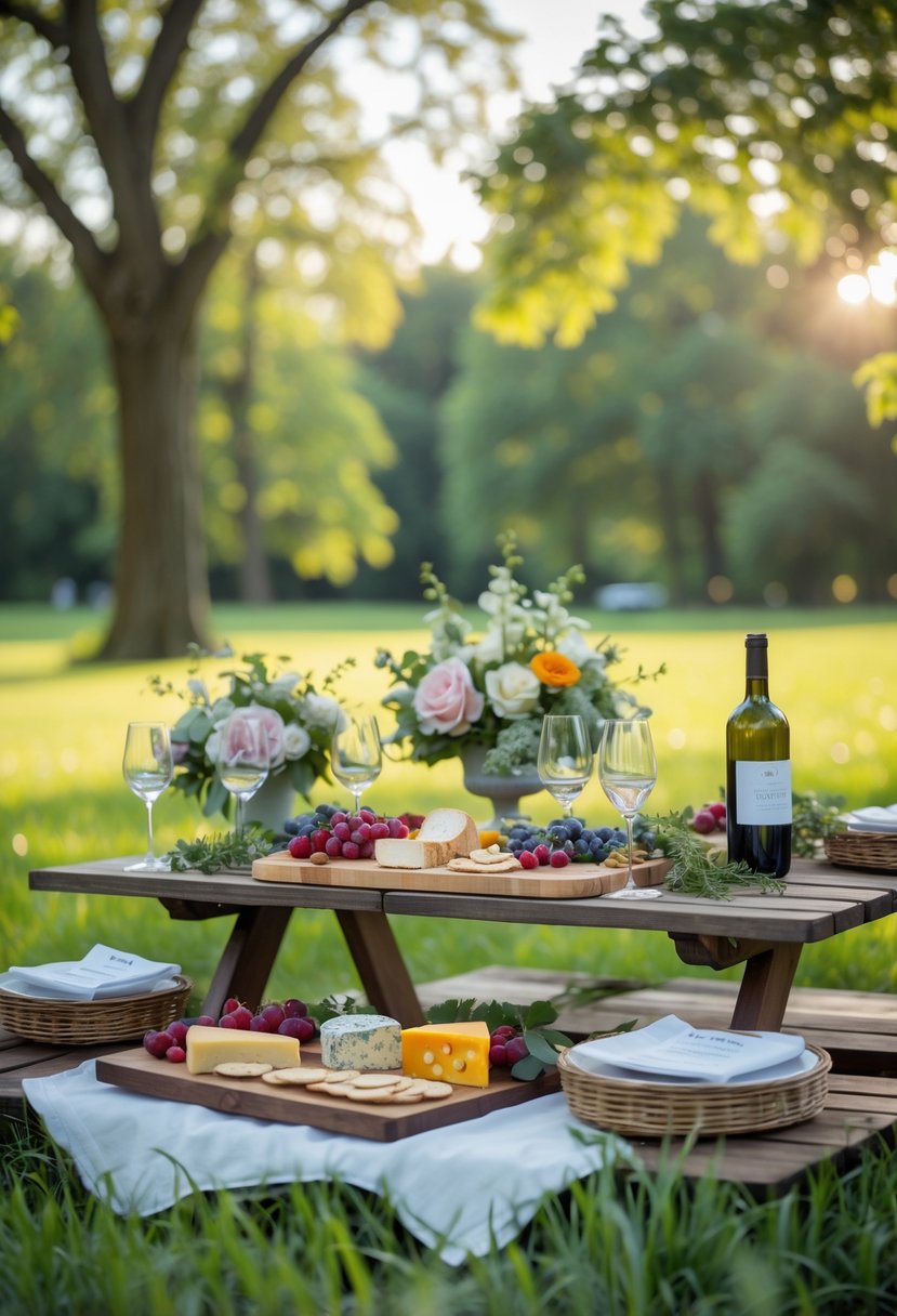 A picnic table in a park with artisan cheese boards, fresh fruits, flowers, and wine set up for a special outdoor meal.