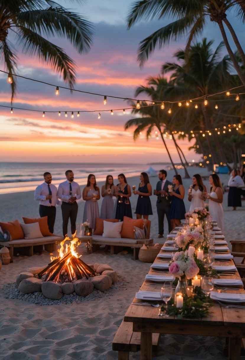 People gathered around a bonfire on a beach at sunset with decorated tables and string lights, enjoying a wedding rehearsal dinner.