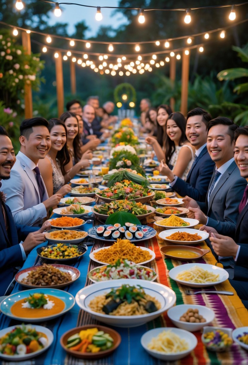Guests enjoying a diverse cultural cuisine dinner at a beautifully decorated outdoor wedding rehearsal table during the evening.
