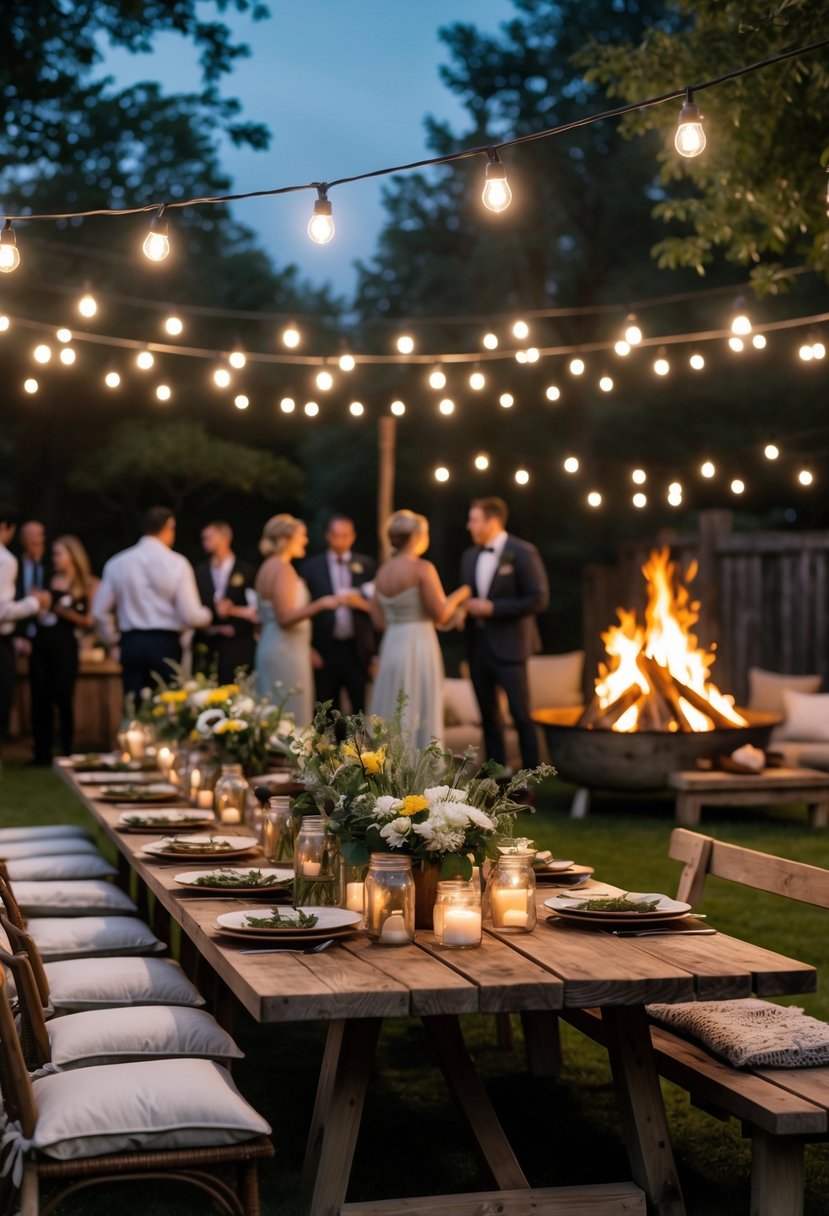 People enjoying a backyard wedding rehearsal dinner around a long table with string lights, a BBQ grill, and a glowing bonfire at dusk.