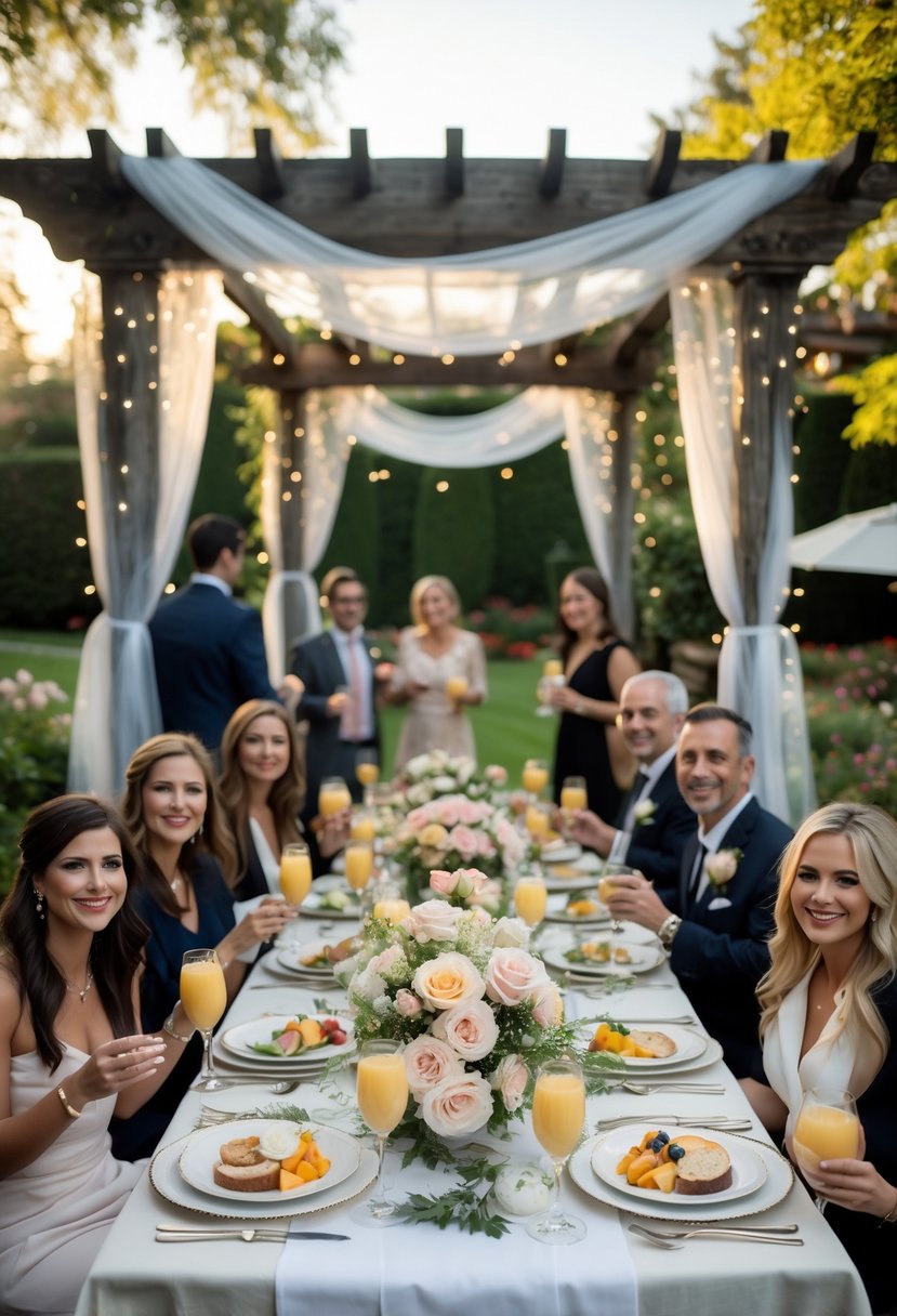 Guests enjoying an outdoor brunch rehearsal dinner with decorated tables, flowers, and a pergola in a garden setting.