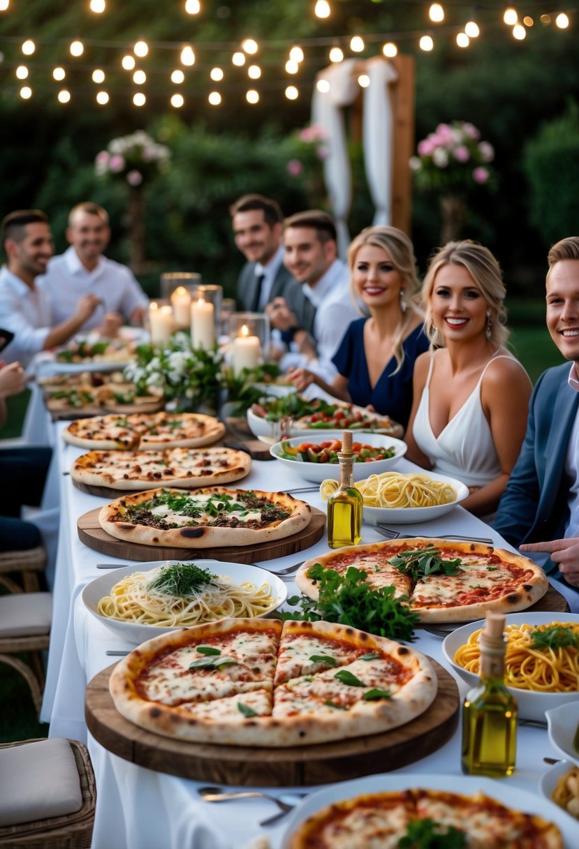 An outdoor wedding rehearsal dinner table with pizzas, pasta dishes, string lights, and guests enjoying the meal in a garden setting.