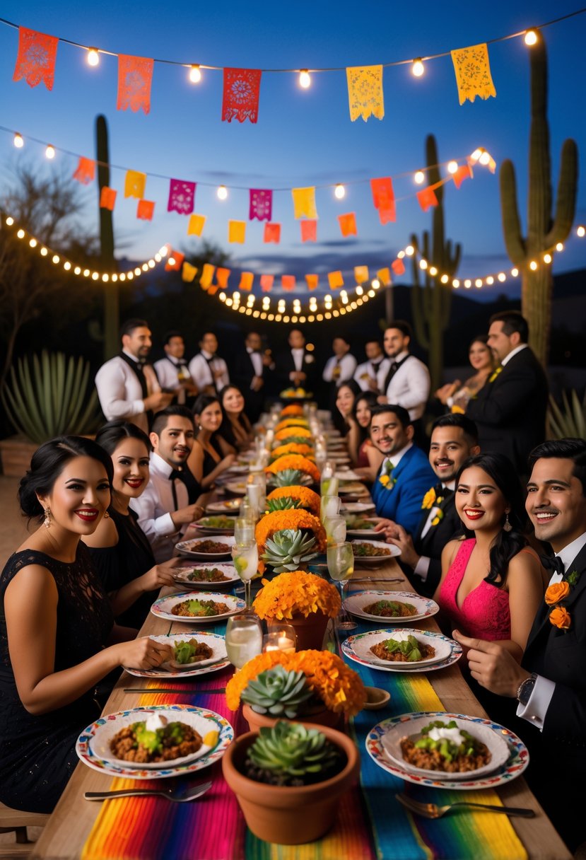 Outdoor wedding rehearsal dinner with guests enjoying a colorful Mexican fiesta-themed celebration at twilight, featuring decorated tables, string lights, and a mariachi band.