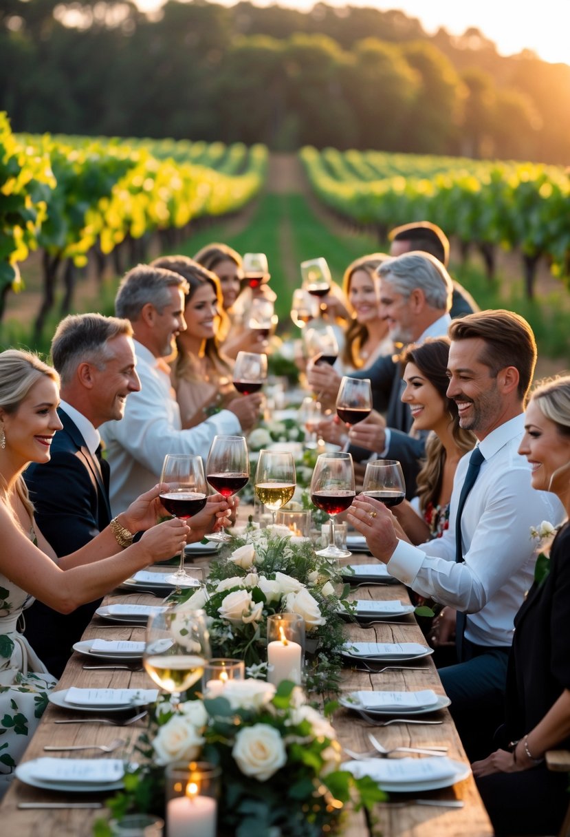 Guests enjoying wine tasting at a long table set outdoors in a vineyard during a wedding rehearsal dinner at sunset.