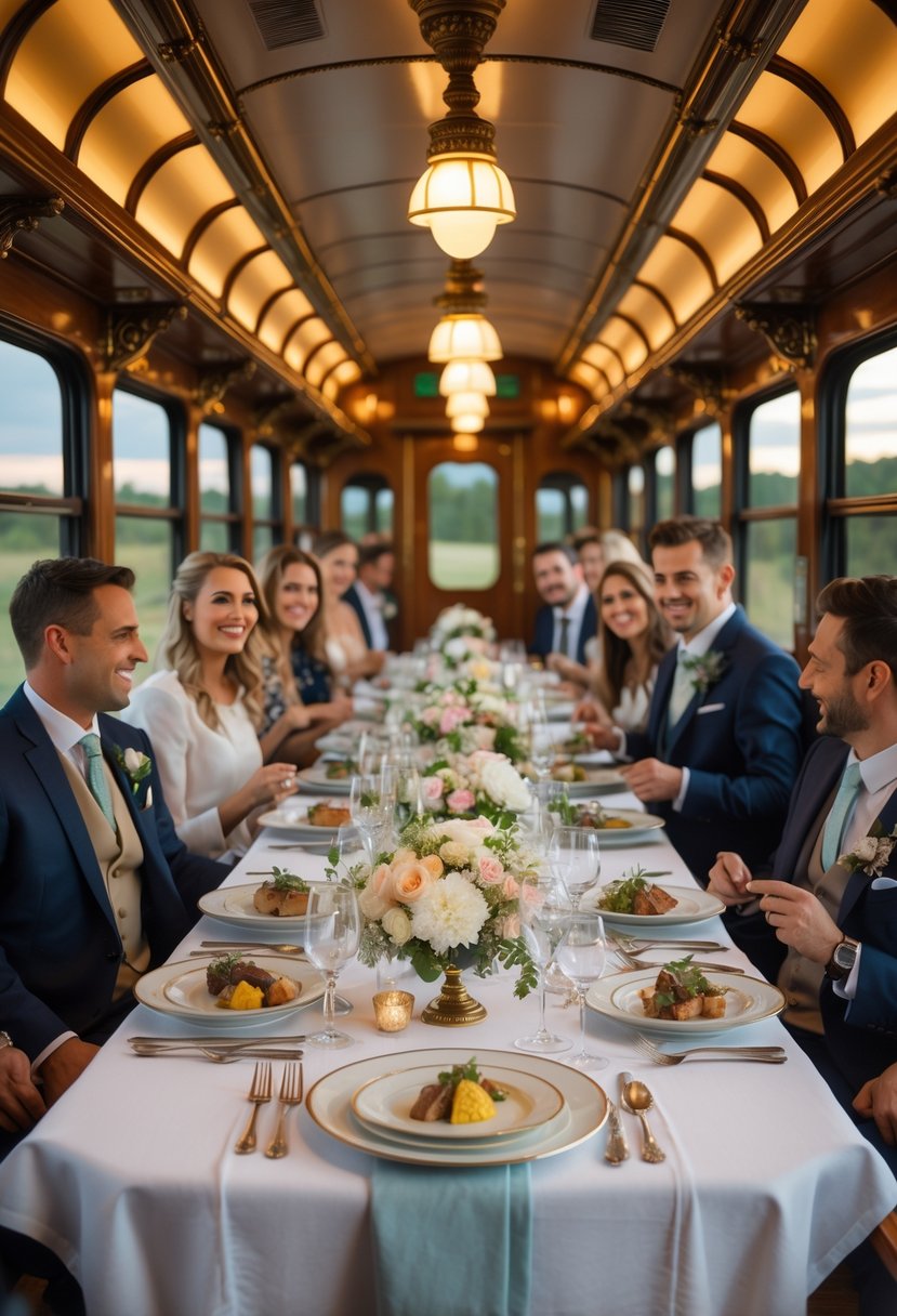Guests enjoying a dinner party inside a vintage train car with a long decorated dining table and large windows showing a passing landscape.