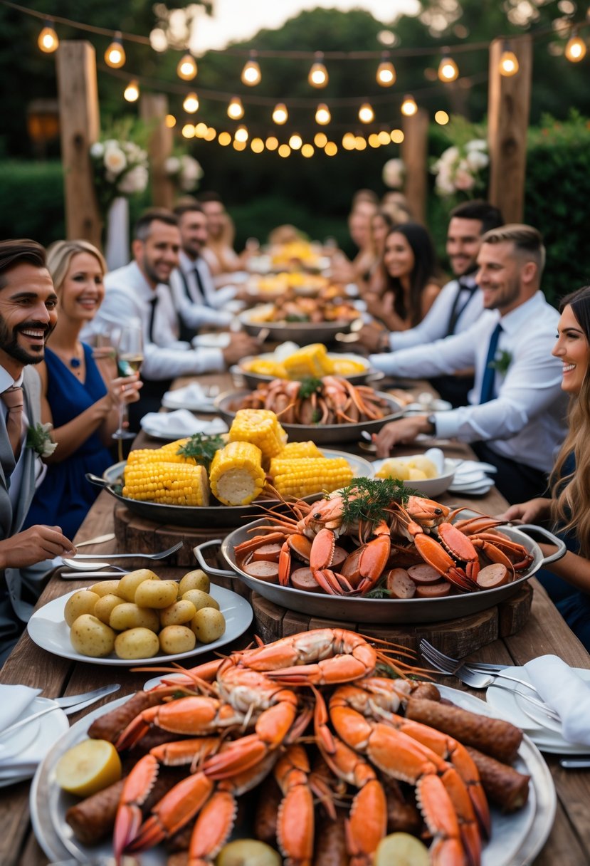 Guests enjoying a seafood boil at an outdoor wedding rehearsal dinner with platters of crab legs, shrimp, corn, and potatoes on a decorated table.