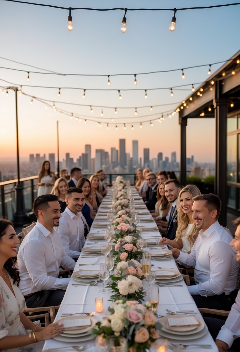 A rooftop dinner table set for a wedding rehearsal with guests seated and city skyline in the background at sunset.