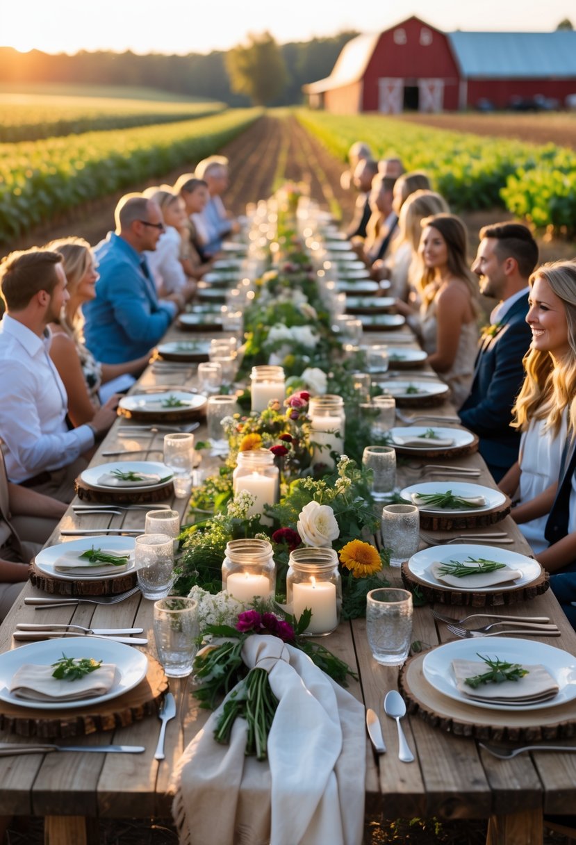Guests enjoying an outdoor dinner at a long wooden table set on a farm with crops and a barn in the background.
