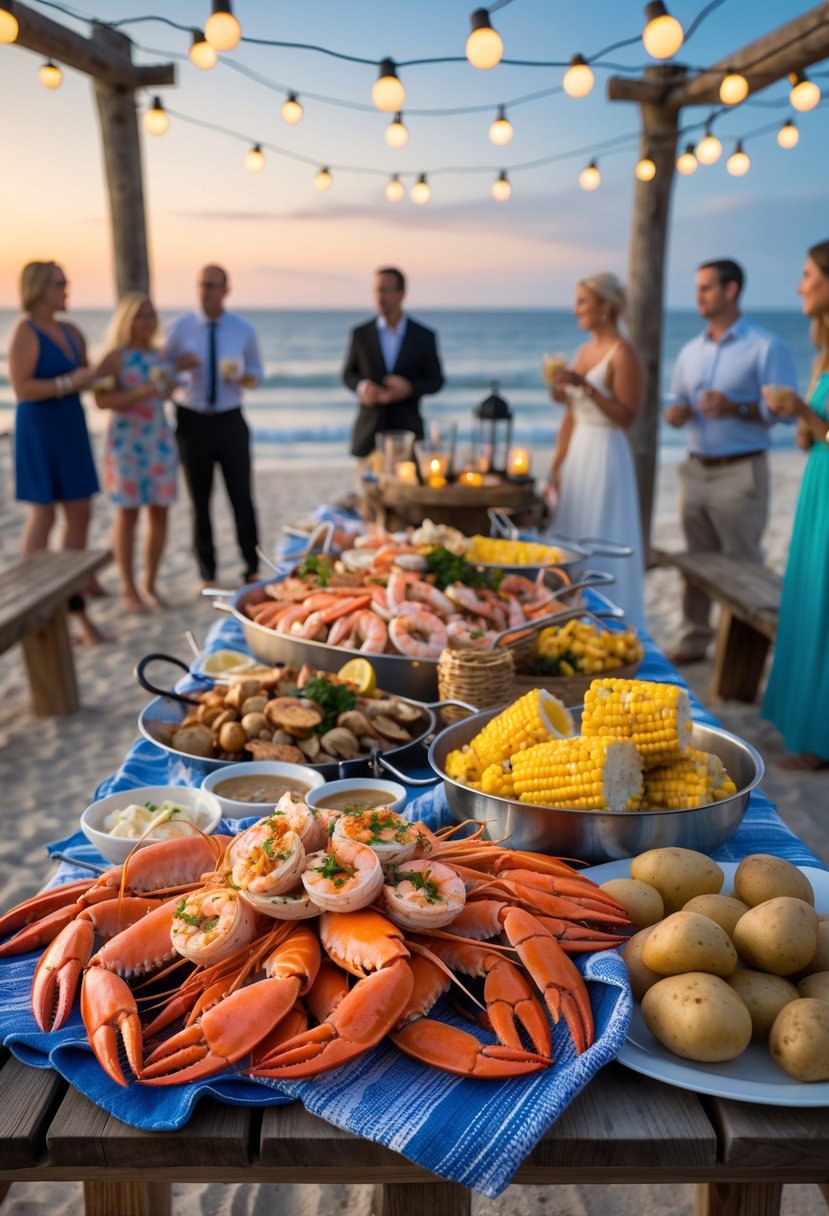 A seafood boil set on a wooden table by the beach with guests enjoying a rehearsal dinner near the ocean at sunset.
