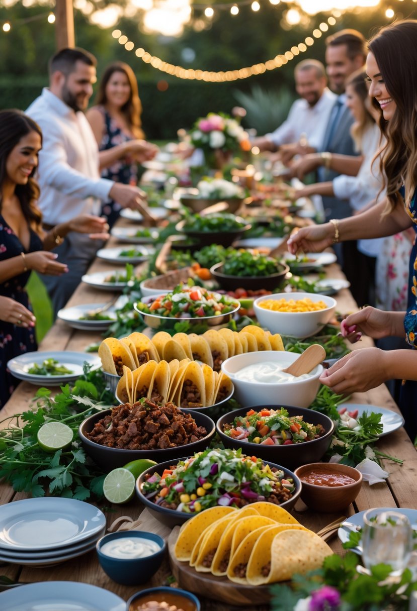 A beautifully arranged taco bar with various taco ingredients and guests serving themselves at an outdoor wedding rehearsal dinner.
