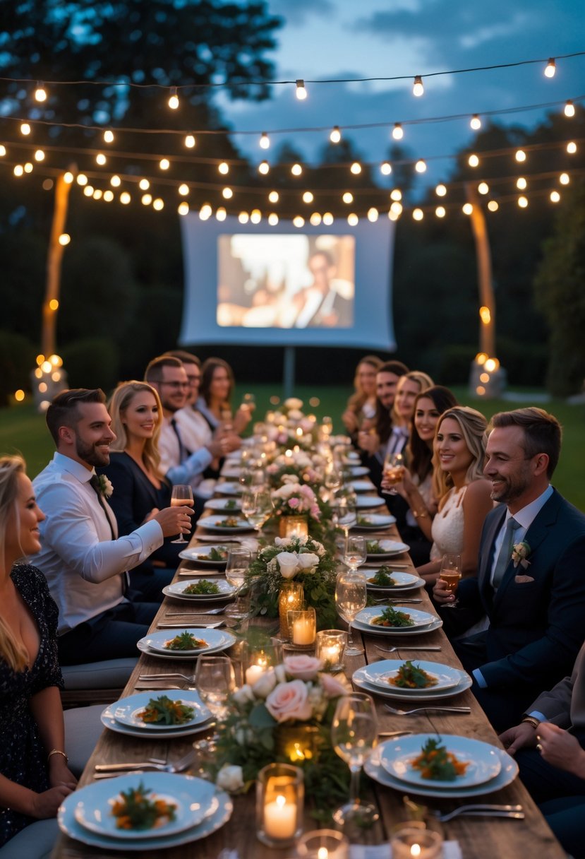 Outdoor wedding rehearsal dinner with guests seated at a decorated table under string lights and a large movie screen in the background.