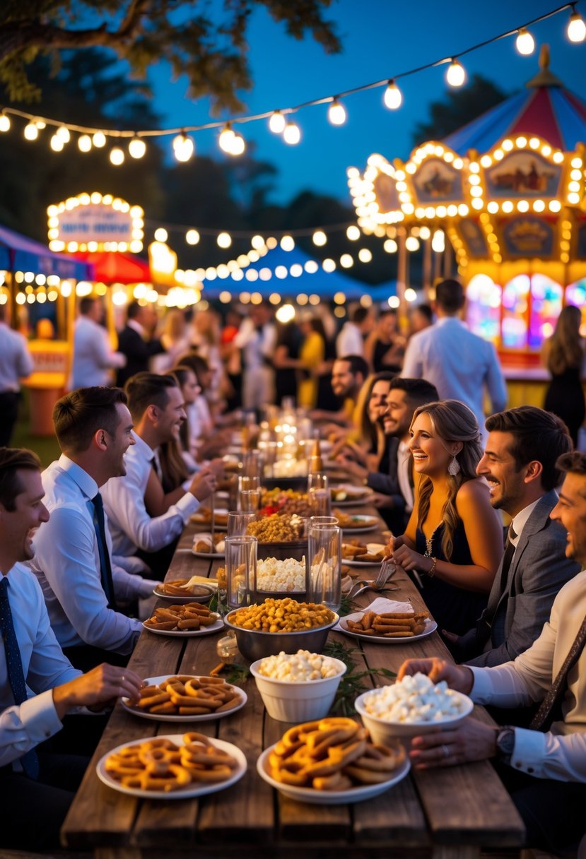 Outdoor carnival-themed wedding rehearsal dinner with guests enjoying food and playing games under string lights.