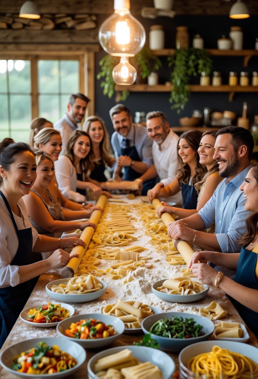 A group of people happily making pasta together around a wooden table filled with dough and cooking tools during a wedding rehearsal dinner.