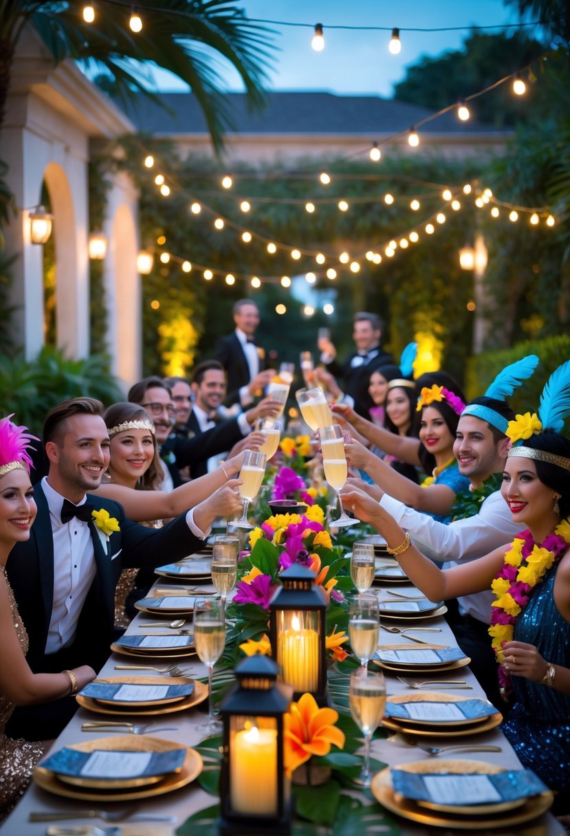 A group of people dressed in 1920s and Hawaiian costumes enjoying an outdoor dinner party with decorated tables and festive lighting.