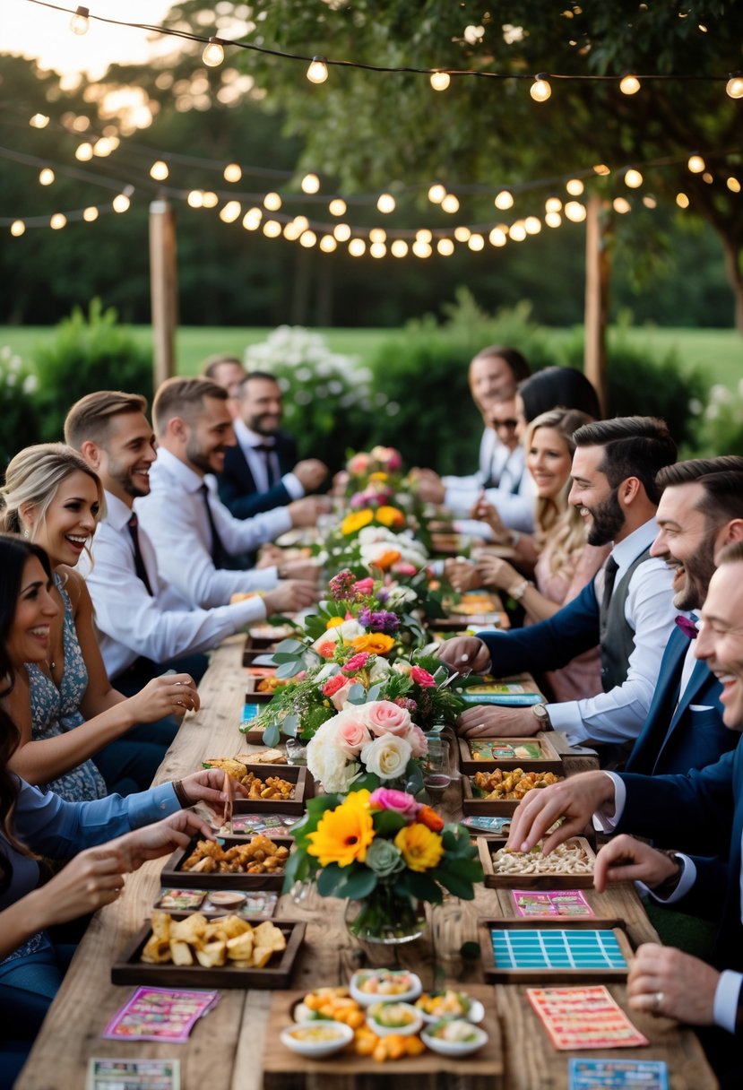 People enjoying a wedding rehearsal dinner outdoors with finger foods and playing board games around a decorated table.