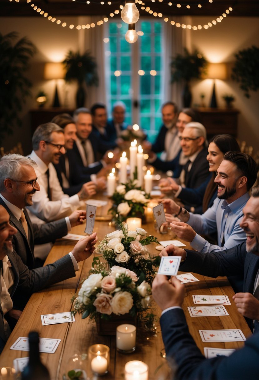 A group of adults enjoying a wedding rehearsal dinner playing a trivia game around a decorated table.
