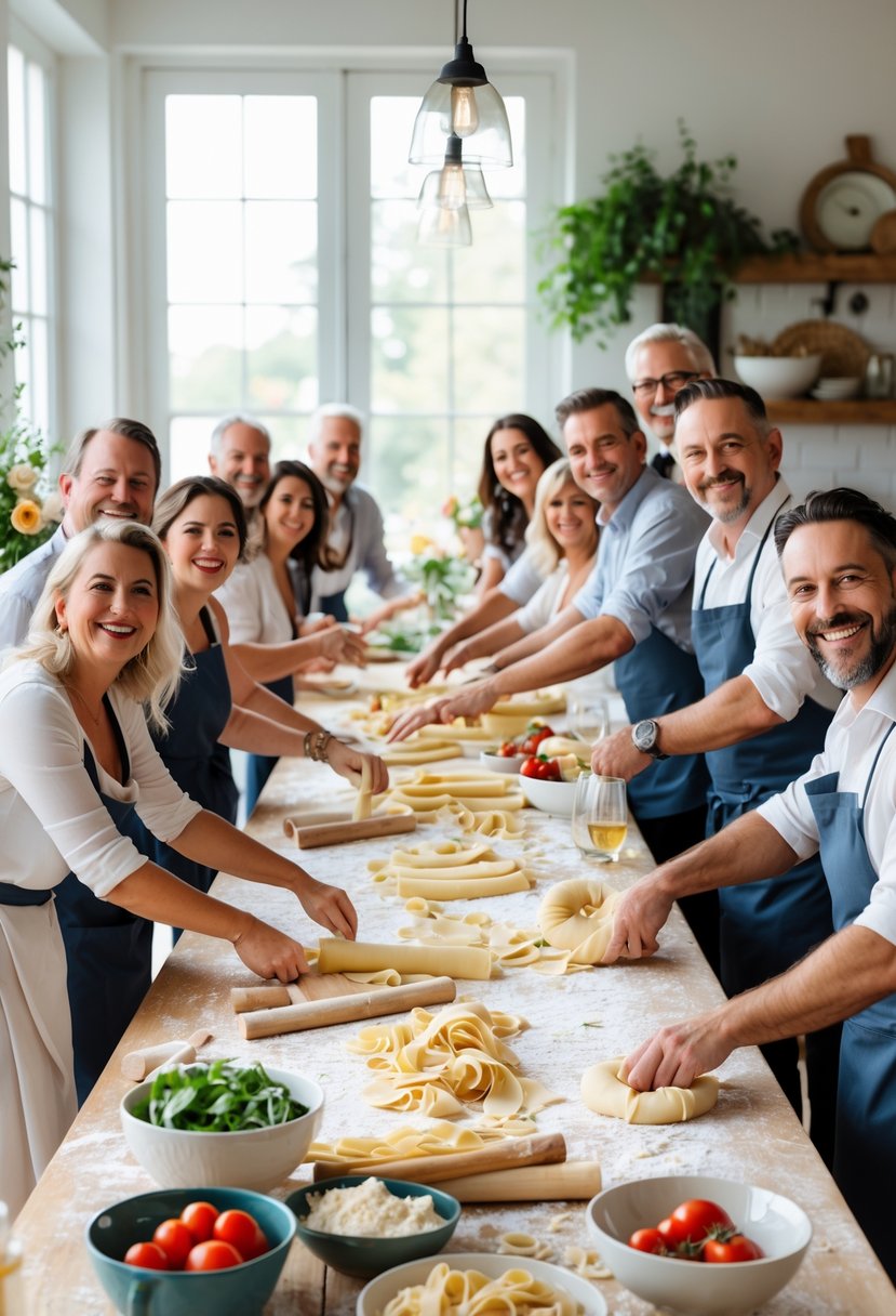 A group of people making fresh pasta together around a wooden table in a bright kitchen during a wedding rehearsal dinner.
