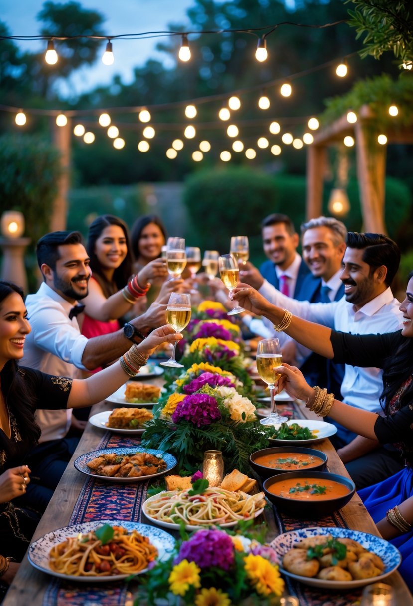 Guests enjoying a beautifully decorated outdoor wedding rehearsal dinner with Italian and Indian dishes on a long table surrounded by string lights and greenery.