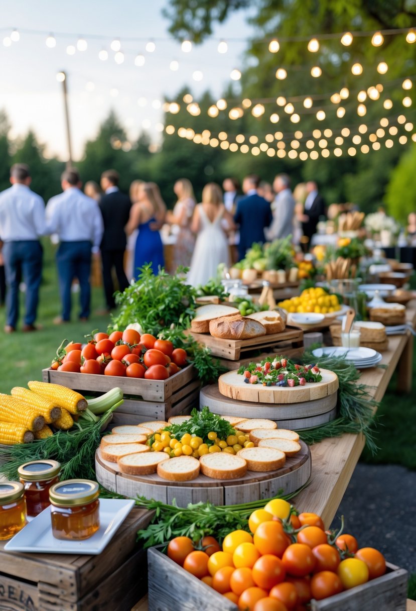 An outdoor buffet table with fresh fruits, vegetables, breads, cheeses, and guests enjoying a wedding rehearsal dinner.