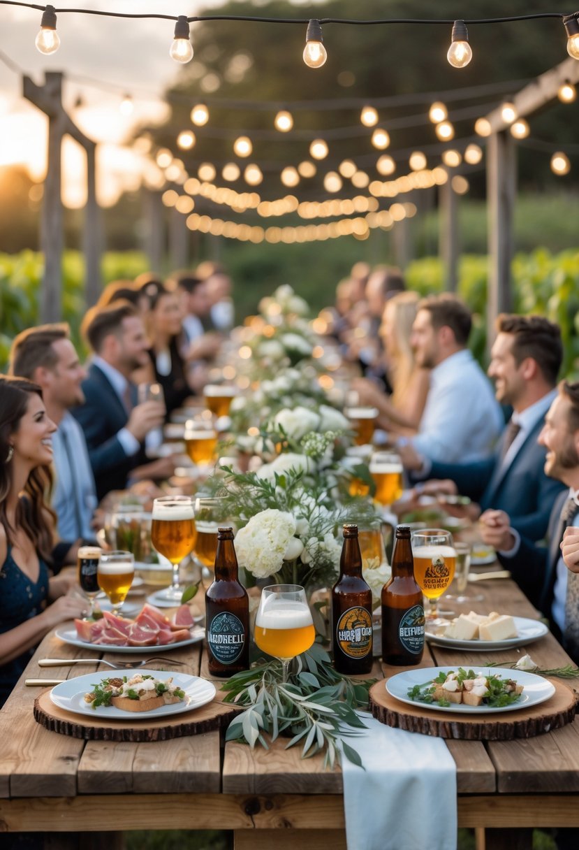 Guests enjoying a beautifully arranged outdoor dinner table with craft beer and appetizers in a garden setting during sunset.