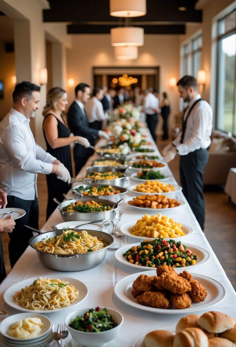 Buffet table with affordable classic dishes and guests serving themselves at a wedding rehearsal dinner.