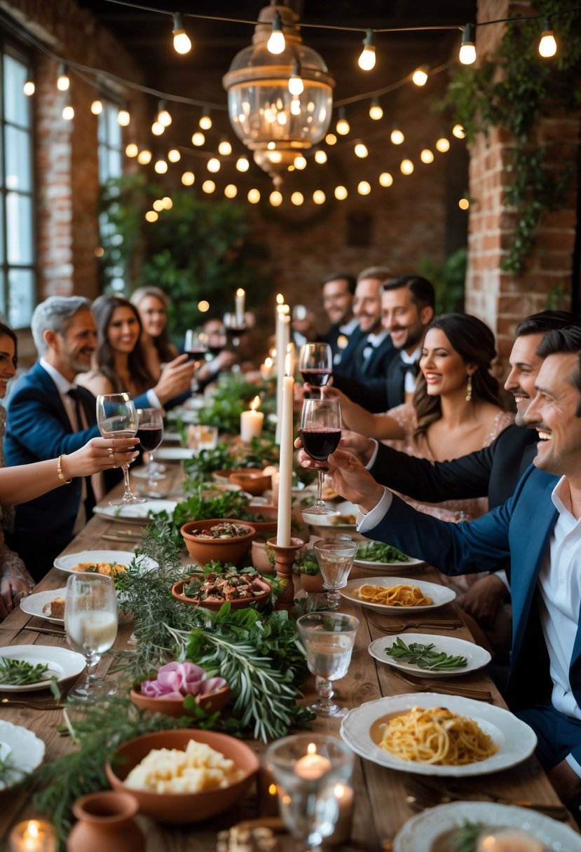 A group of people enjoying a dinner at a long wooden table set with Italian food, candles, and flowers in a cozy restaurant.