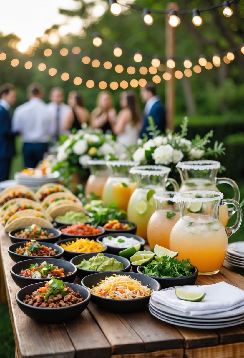 Outdoor taco bar and margarita station set up for a wedding rehearsal dinner with fresh ingredients, drinks, and decorative flowers.