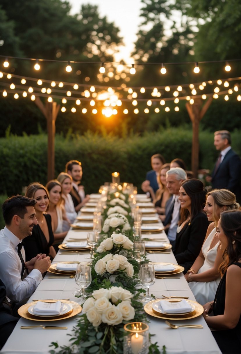 Guests seated around a long table set for a wedding rehearsal dinner outdoors with flowers and lights at sunset.