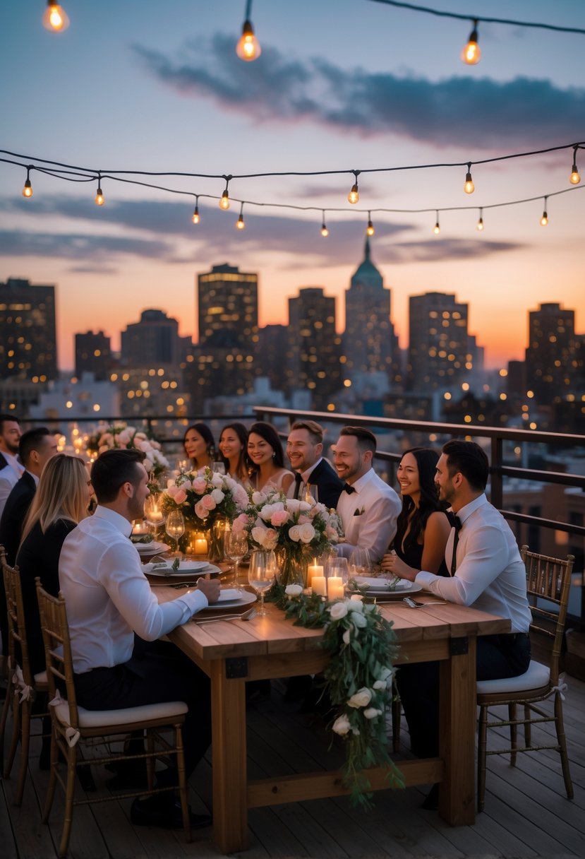 An intimate rooftop dinner with a small group of people seated around a decorated table, overlooking a city skyline at dusk.