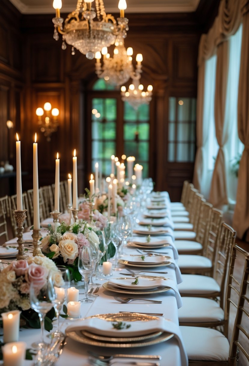 A candlelit dinner table set for a wedding rehearsal inside a historic mansion with elegant decorations and warm lighting.