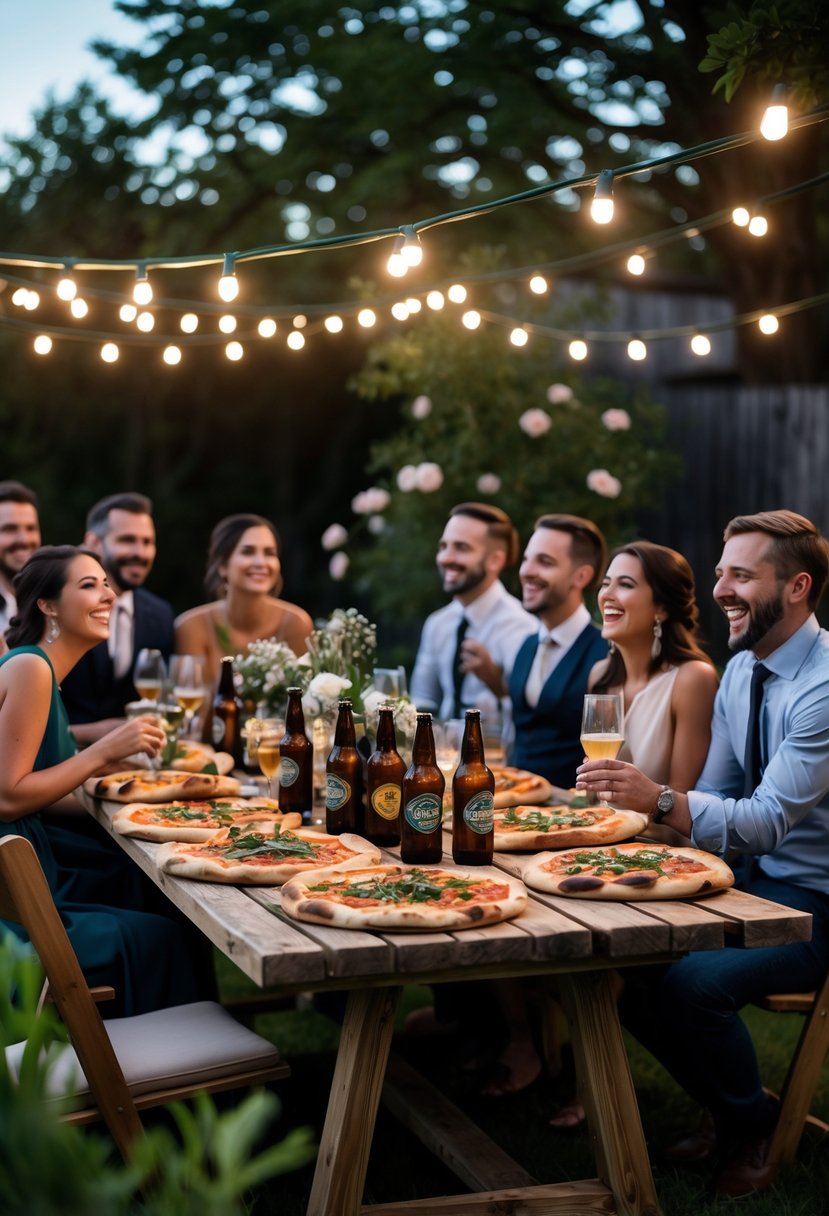A group of people enjoying pizza and craft beer at a wedding rehearsal dinner outdoors with string lights and a rustic wooden table.