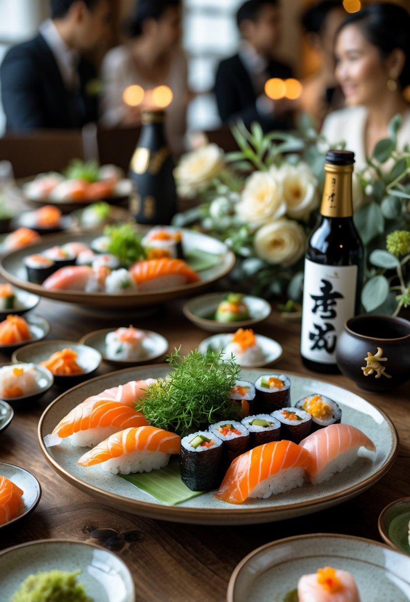 A table set with various sushi dishes and sake cups, surrounded by people enjoying a wedding rehearsal dinner.