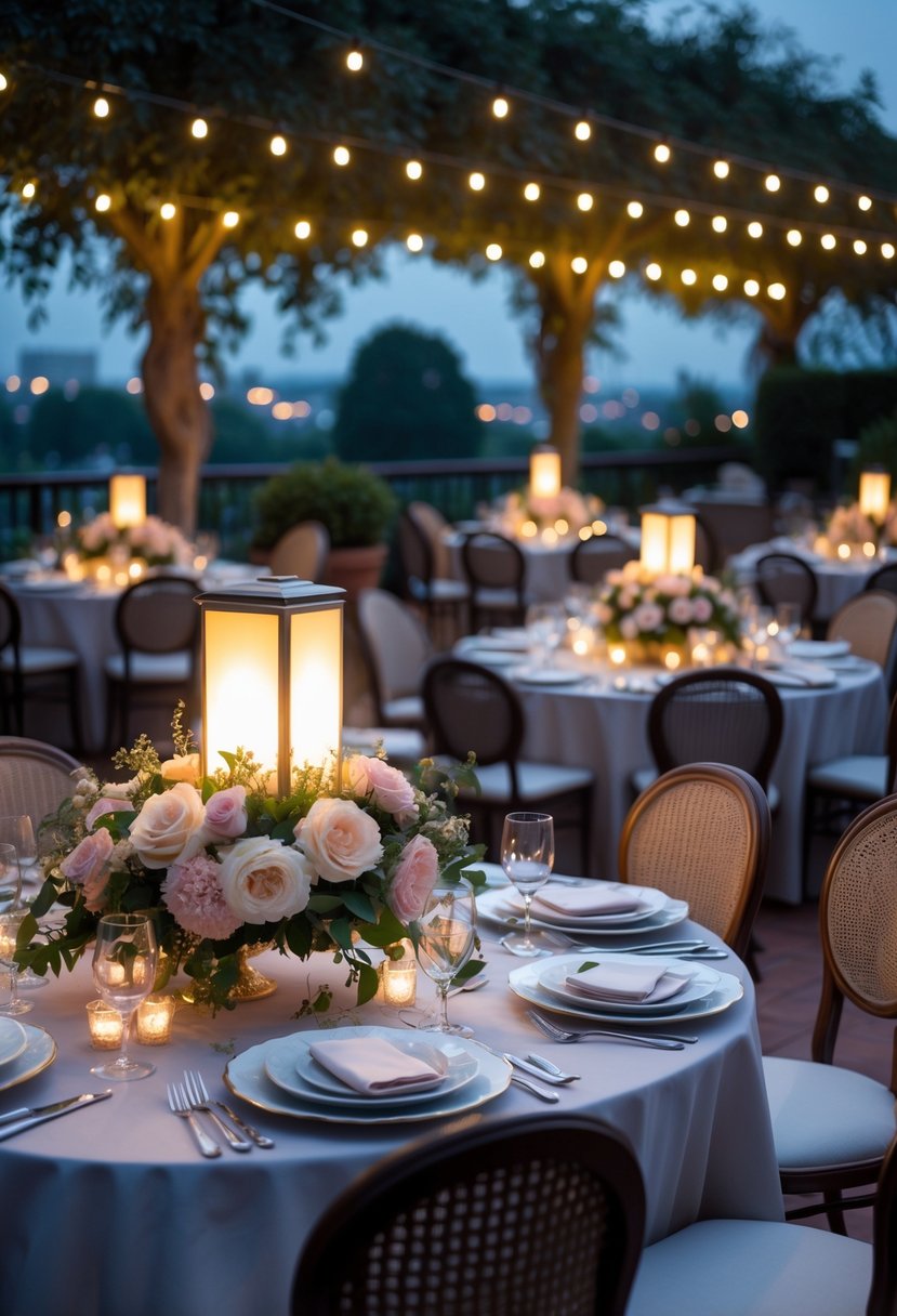 Outdoor terrace with tables set for a wedding rehearsal dinner, featuring heated lamps and floral centerpieces.