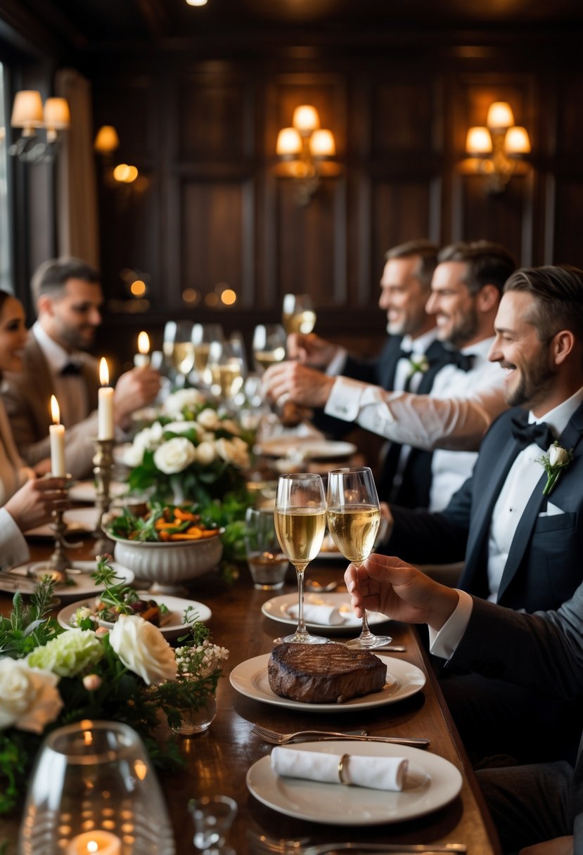 Guests enjoying a wedding rehearsal dinner around a long wooden table with steaks, candles, and floral centerpieces in a cozy steakhouse.