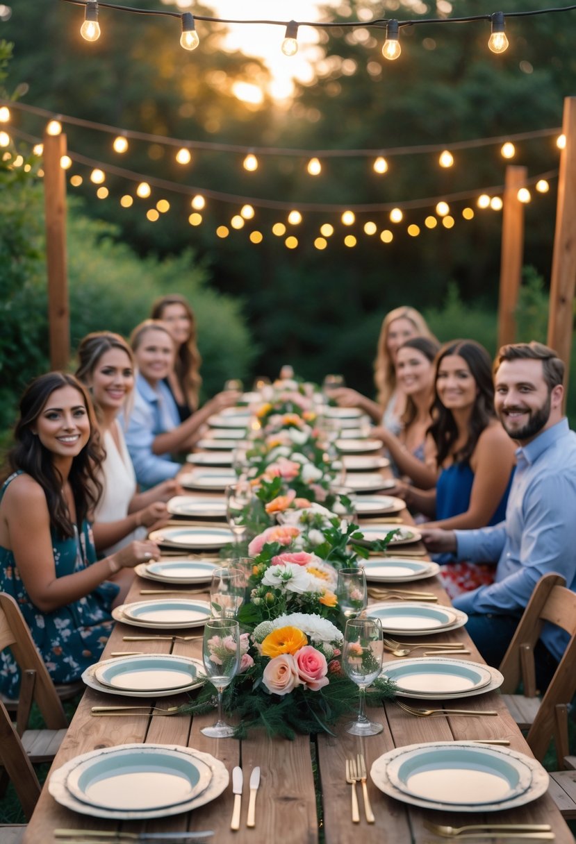 Outdoor wedding rehearsal dinner with guests sitting at a long table set with disposable plates and floral centerpieces.