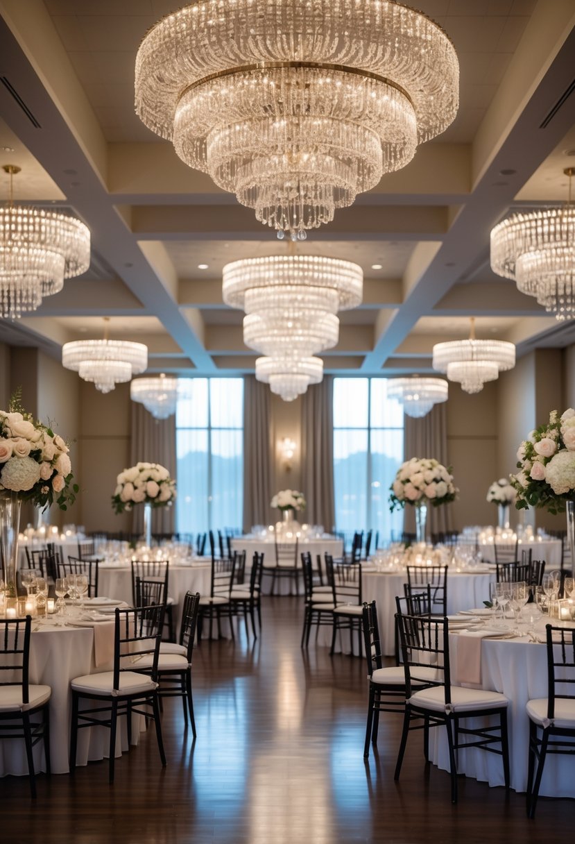 An empty hotel ballroom set up with round tables decorated for a wedding rehearsal dinner, featuring crystal chandeliers and floral centerpieces.