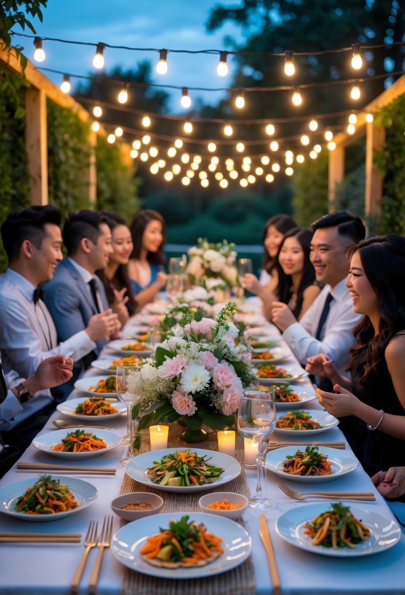 An outdoor evening wedding rehearsal dinner with guests enjoying small Asian fusion dishes around a decorated table under string lights.